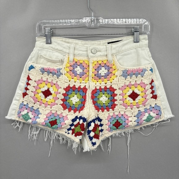 BLANKNYC Pants - BLANKNYC Shorts Womens 25 Crochet Granny Square Patchwork ‎ Barrow High Rise